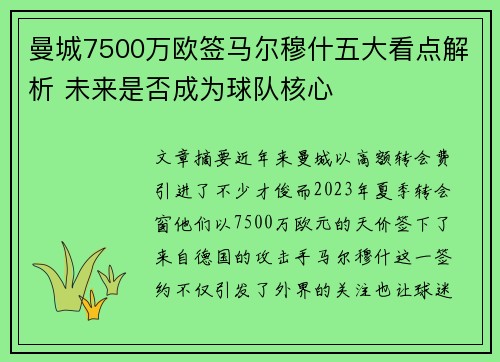 曼城7500万欧签马尔穆什五大看点解析 未来是否成为球队核心