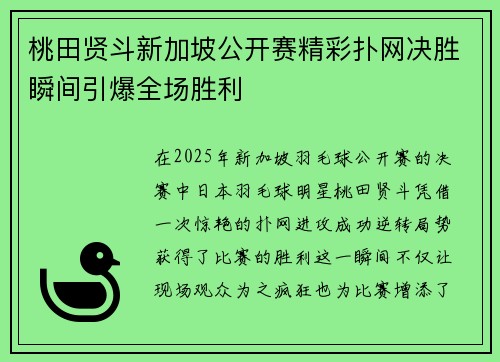 桃田贤斗新加坡公开赛精彩扑网决胜瞬间引爆全场胜利